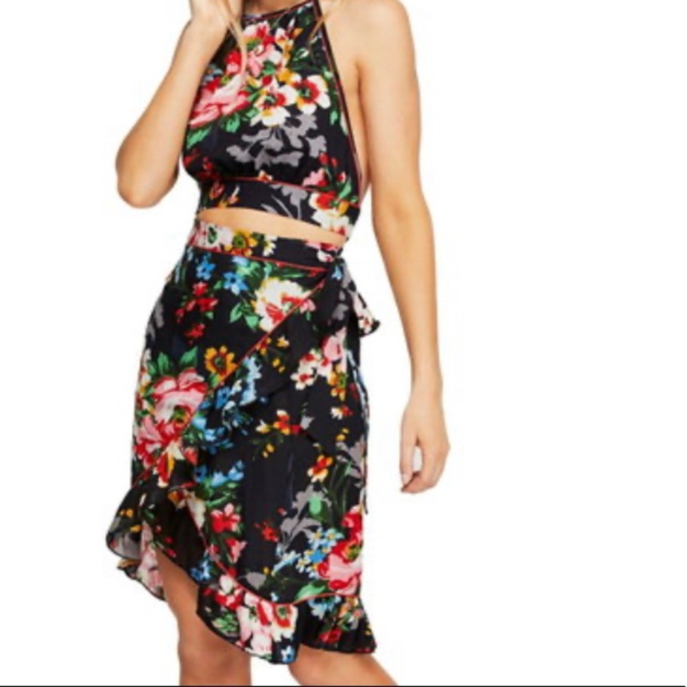 Free People Floral Halter Top & Wrap Skirt In Navy